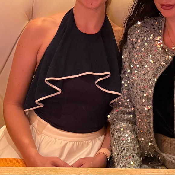 Alice + Olivia navy blue cropped halter top with sheer ruffle size XS - Picture 1 of 12